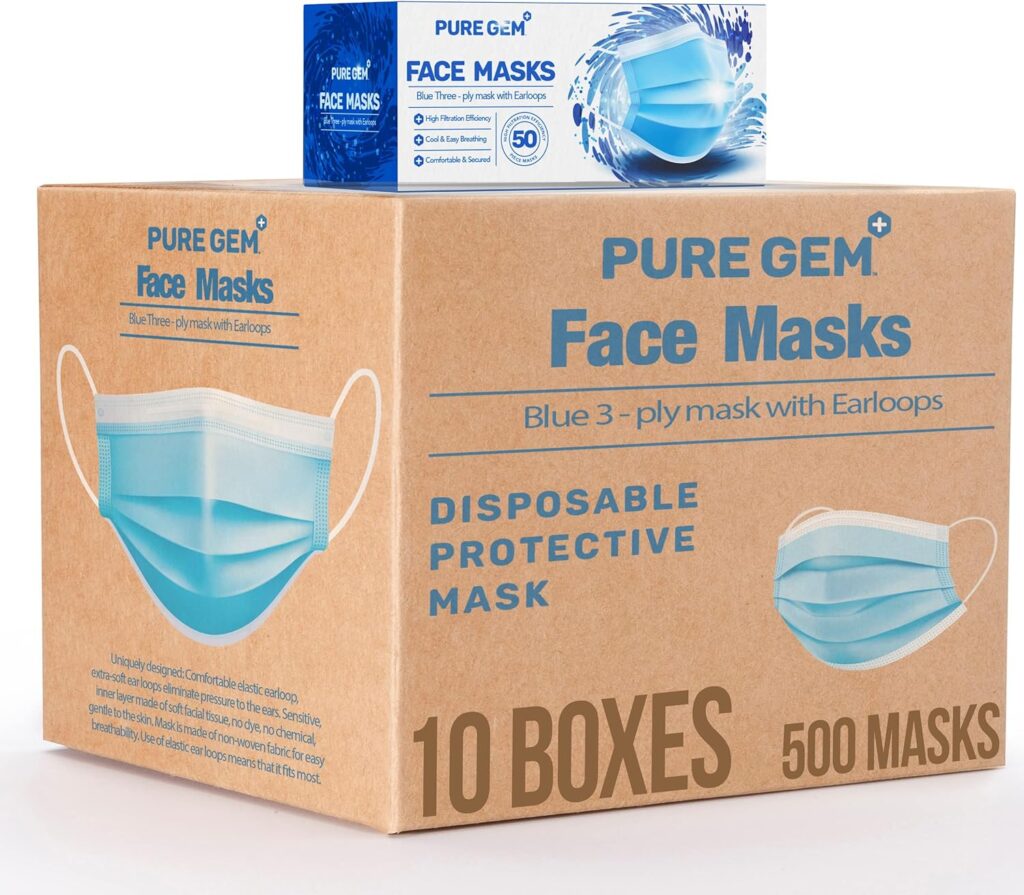 PURE GEM [Pack of 100] Single Use Disposable Blue Face Mask, Soft on Skin, Pack of 3-Ply Masks Facial Cover with Elastic Earloops Great For Home, Office, School, and Outdoors