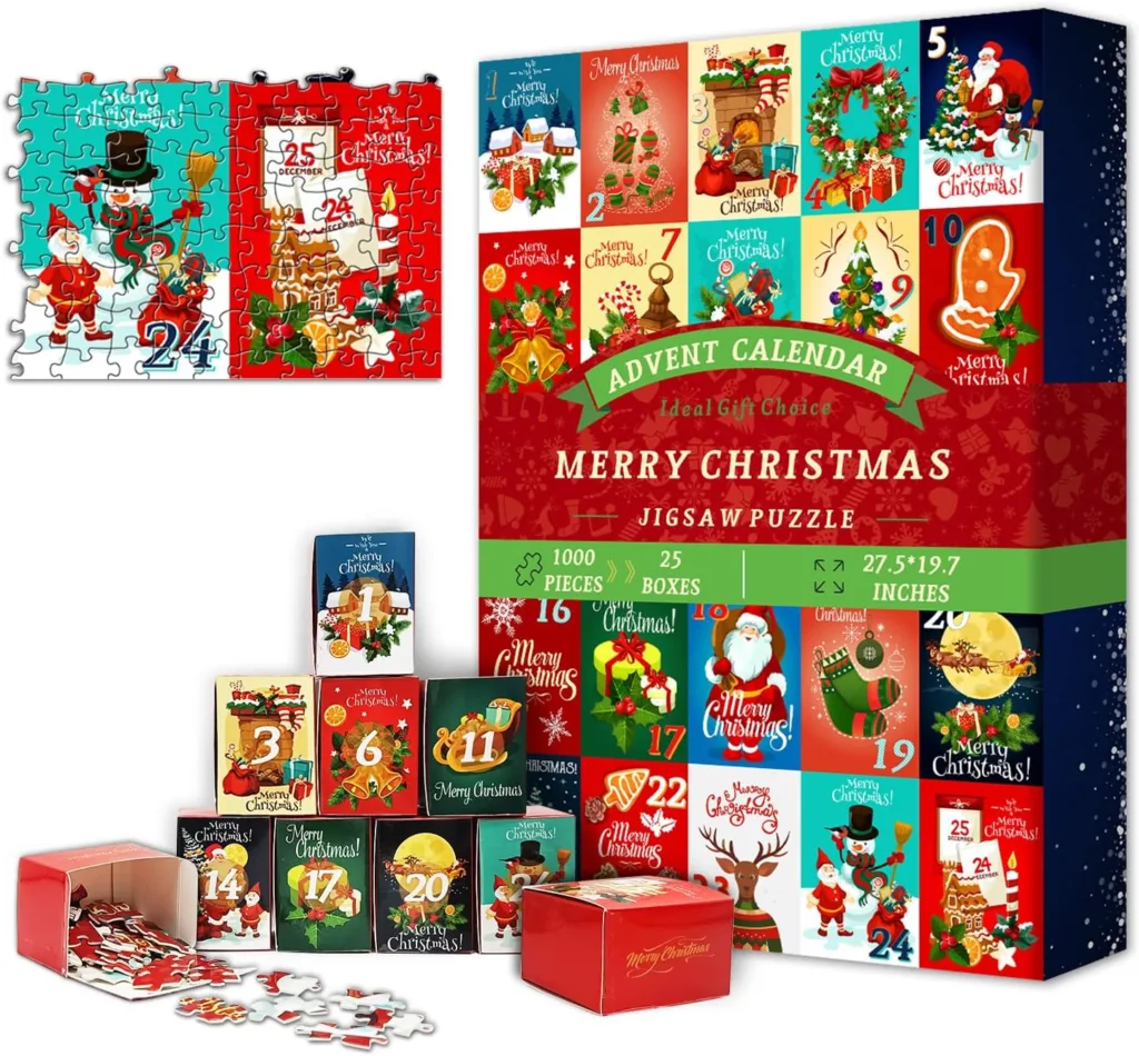 Advent Calendar 2023 Christmas Jigsaw Puzzles 1000 Pieces, 25 Boxes of Christmas Countdown Calendar Puzzles for Adults, PICKFORU Funny Holiday Puzzles for Kids as Christmas Decor Gift