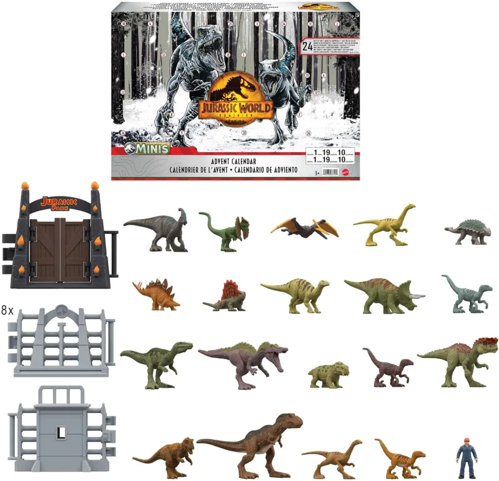 Mattel Jurassic World Dominion 2023 Holiday Advent Calendar, 24-Day Countdown, Daily Surprise of Mini Dinos, Humans Gate Pieces