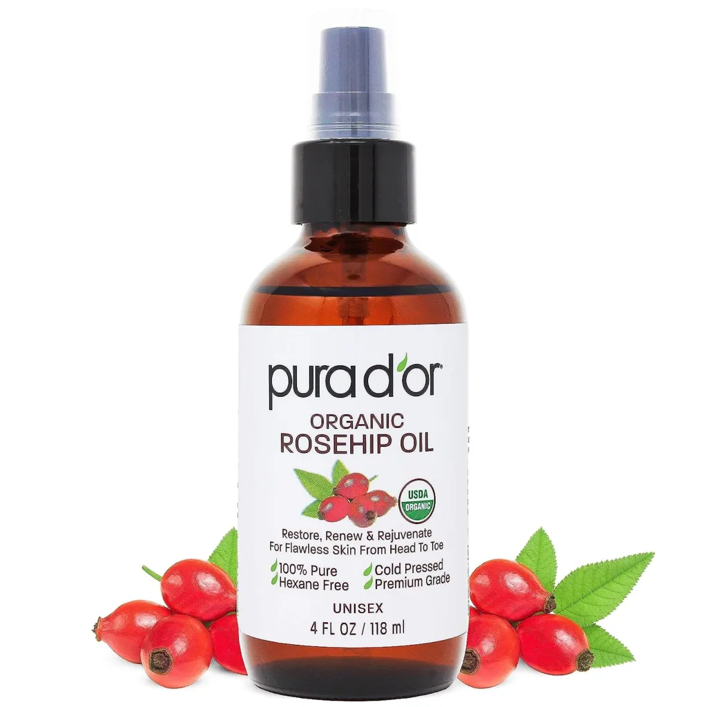 PURA DOR 4 Oz Organic Rosehip Seed Oil 100% Pure Cold Pressed USDA Certified All Natural Moisturizer For Anti-Aging, Acne Scar Treatment, Gua Sha Massage, Face, Hair  Skin, Women  Men