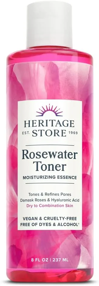 Heritage Store Rosewater Facial Toner with Hyaluronic Acid, Dry to Combination Skin Care, Hydrating Toner Refines Pores  Minimizes The Appearance of Fine Lines  Wrinkles, Alcohol Freeǂ, Vegan, 8oz