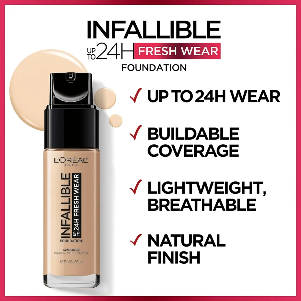 LOreal Paris Makeup Infallible Up to 24 Hour Fresh Wear Lightweight Foundation, Beige Ivory, 1 Fl Oz.