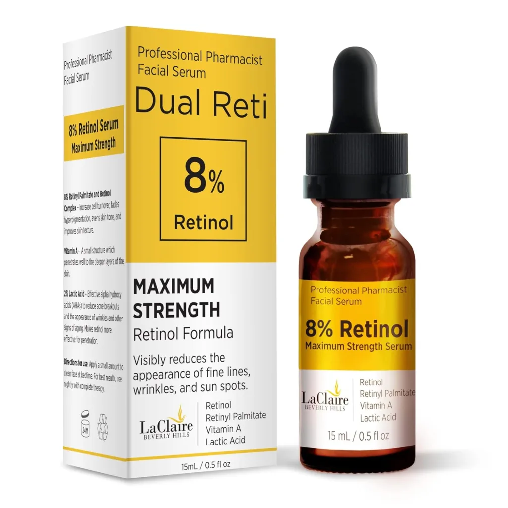 Retinol Complex Face Serum – Anti-Aging, Brightening Neck  Facial Serum Helps Firm, Smooth,  Nourish Skin with Lactic Acid, Vitamin A,  Retinyl Palmitate – Anti Wrinkle Serums by LaClaire 15 ml
