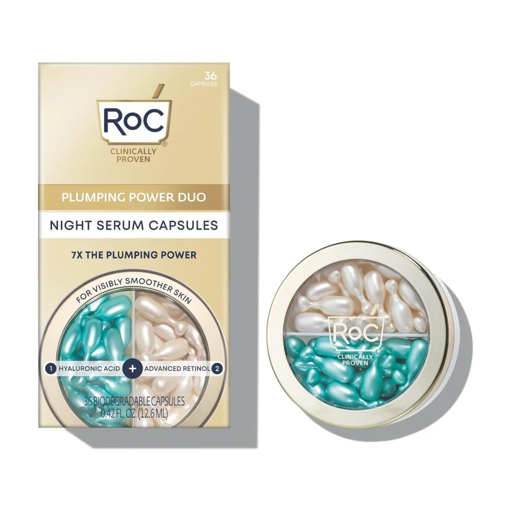 RoC Retinol + Hyaluronic Acid Plumping Power Duo Night Serum Capsules for Visibly Smoother, Tighter Looking Skin, Christmas Gifts  Stocking Stuffers for Women and Men (18ct of each, 36ct total)