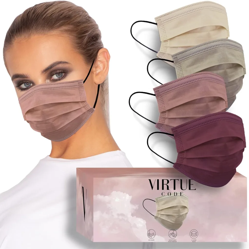 VIRTUE CODE Support Face Masks - Soft 3 Ply Comfort Face Masks, Colorful Disposable Face Mask 50 Pack. Earth Tones Colored Masks. Adults Mens and Womens Disposable Face Masks