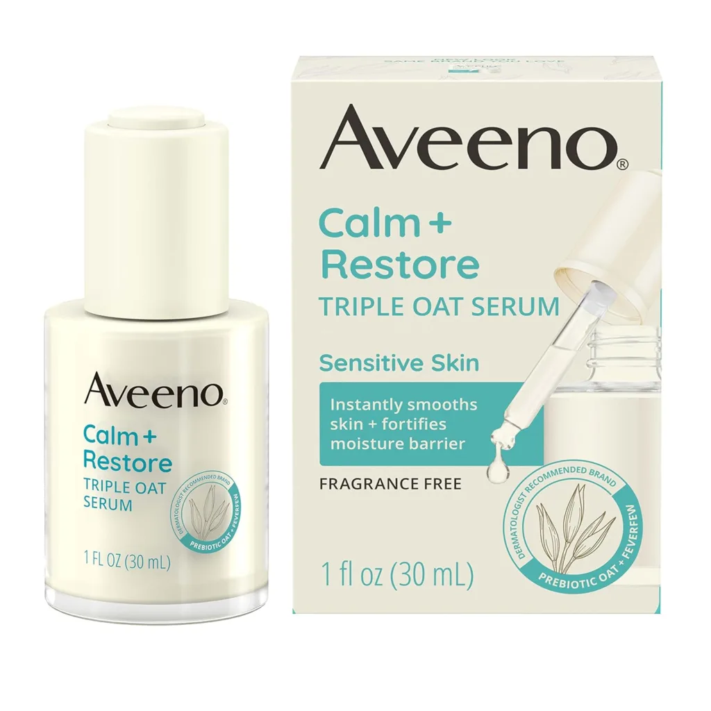 Aveeno Calm + Restore Triple Oat Hydrating Face Serum for Sensitive Skin, Gentle, Lightweight Facial Serum Instantly Smooths Skin, Fast-Absorbing, Hypoallergenic  Fragrance-Free, 1 fl. oz