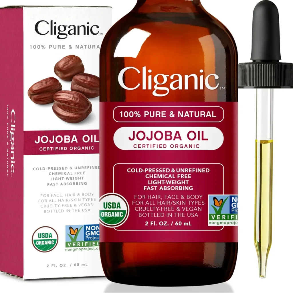 Cliganic USDA Organic Jojoba Oil, 100% Pure (2oz) | Natural Cold Pressed Unrefined Hexane Free Oil for Hair  Face | Base Carrier Oil