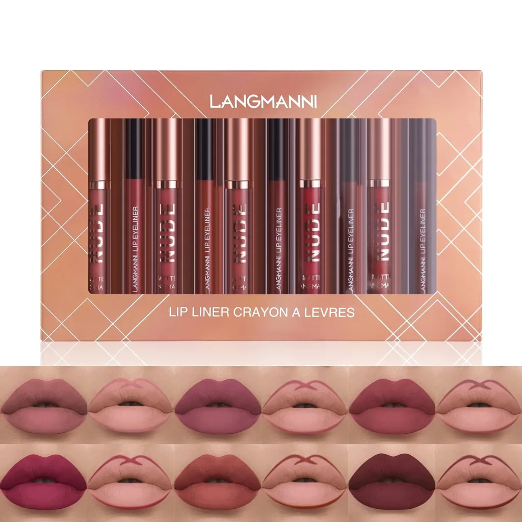 LANGMANNI 6 Matte Lipstick with 6 Lipliners Durable Makeup Set,Long-Lasting Non-Stick Cup Not Fade Waterproof Pigmented Velvet Lipgloss Kit Beauty Cosmetics Makeup Gift for Girls (#A)