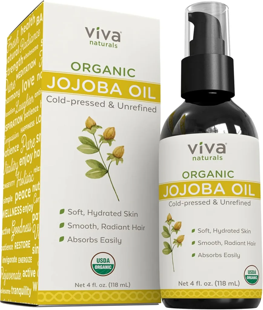 Viva Naturals Organic Jojoba Oil - 100% Pure Cold Pressed for Skin and Hair, USDA Certified Face Moisturizer, 4 fl. oz