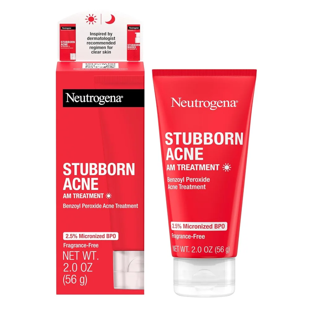 Neutrogena Stubborn Acne AM Face Treatment with 2.5% Micronized Benzoyl Peroxide Acne Medicine, Oil-Free Daily Facial Treatment to Reduce Size  Redness of Breakouts, Paraben-Free, 2 oz