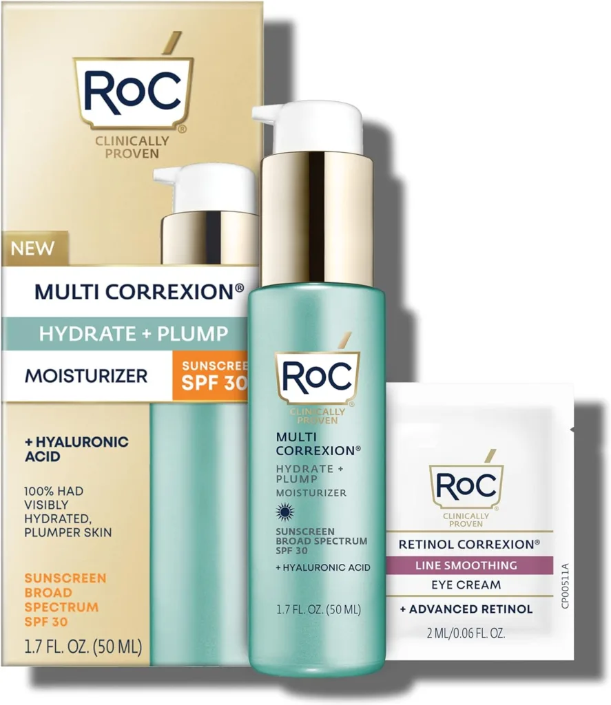RoC Multi Correxion 1.5% Pure Hyaluronic Acid Anti Aging Daily Face Moisturizer with Broad Spectrum Sunscreen SPF 30 (1.7 oz) + RoC Retinol Wrinkle Smoothing Capsules (7 CT), Skin Care Routine