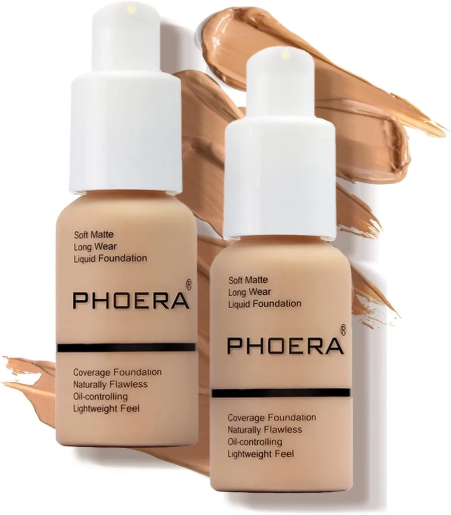 PHOERA Foundation Makeup Naturally Liquid Foundation Full Coverage Mattle Oil-Control Concealer 8 Colors Optional,Great Choice For Gift (2pcs,#104 Buff Beige)