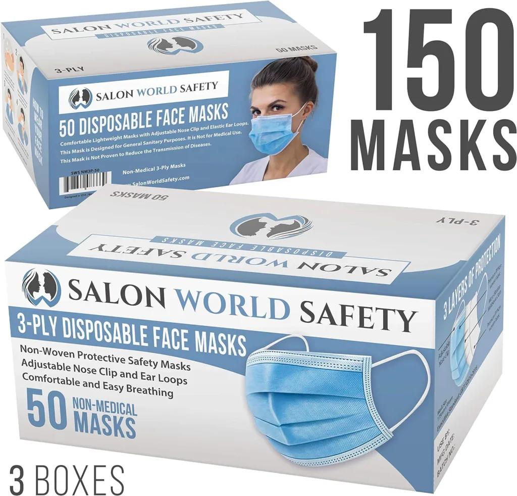 TCP Global Salon World Safety - Black and Blue Colored Face Masks Variety Pack (50ea Color = 100 Masks) Breathable Disposable 3-Ply Protective PPE with Nose Clip and Ear Loops