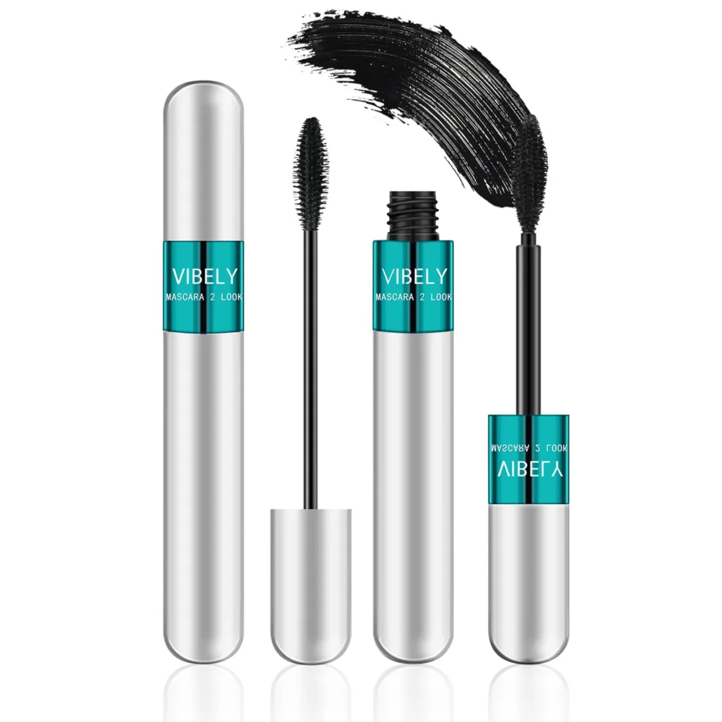 2 Pack 2 in 1 Mascara 5x Longer Waterproof Lash Cosmetics Natural Lengthening and Thickening Effect No Clumping Superstrong Magic 4d Silk Fiber For Vibely Mascara Makeup (2 Pack)