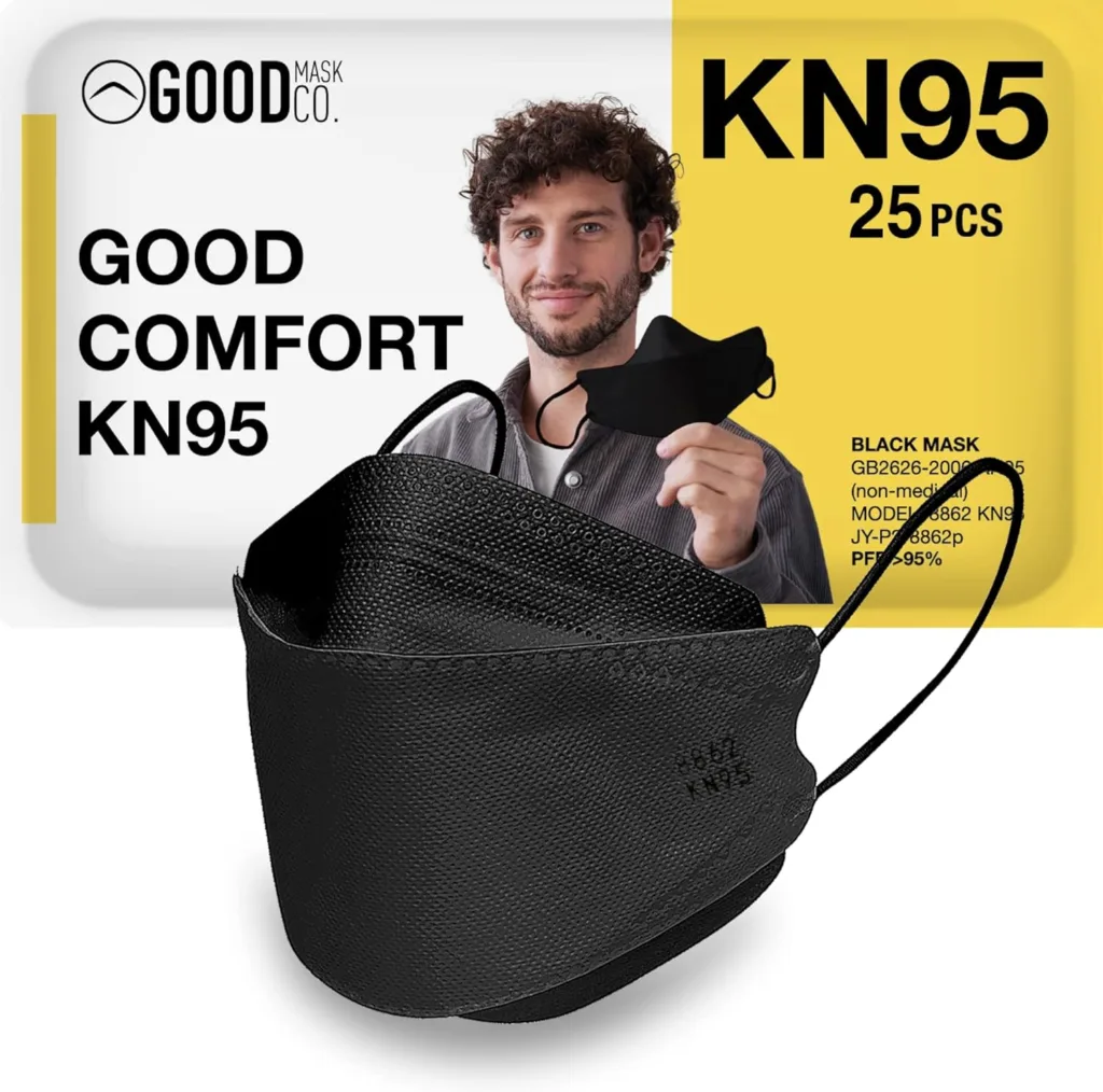 Good Mask Co. Good Comfort KN95 Face Mask, Disposable, Folding, Comfortable, Bulk (25 Pack, Black)