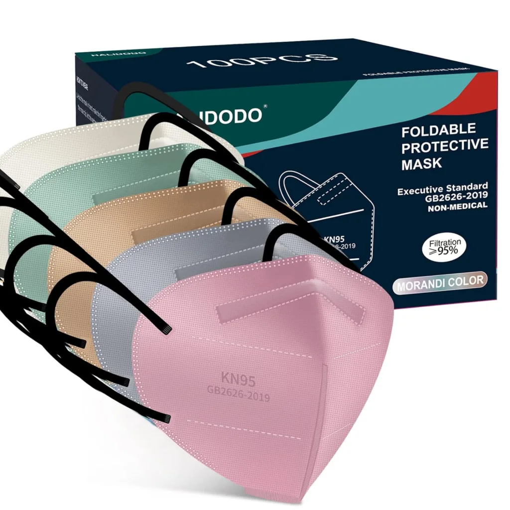 HALIDODO 100 Packs Individually Wrapped KN95 Face Mask 5-Ply Breathable  Comfortable Filter Safety Mask with Elastic Ear loop and Nose Bridge Clip, Protective Face Cover Mask, Morandi Multi Color