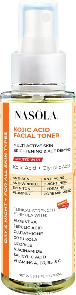 Kojic Acid Facial Toner Skin Clarifying and Hydrating Mist Spray with Glycolic Acid, Niacinamide, Licorice, Glutathione, Vitamin C, Salicylic Acid, Aloe Vera, and Gotu Kola - 3.38 Fl Oz