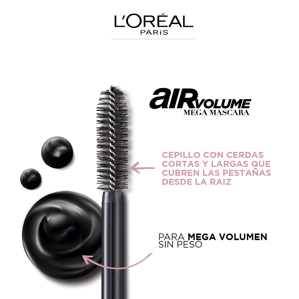 LOreal Paris Makeup Air Volume Mega Mascara, Lightweight  Long-lasting Volumizing Mascara for Voluminous Eyelashes, Washable Black Brown, 0.3 Fl Oz