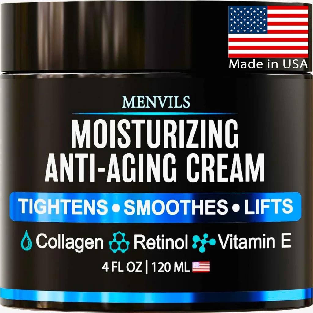 Mens Face Moisturizer Cream - Anti Aging  Wrinkle for Men with Collagen, Retinol, Vitamins E, Jojoba Oil - Face Lotion - Age Facial Skin Care - Eye Wrinkle - Day  Night - Made in USA, 4 oz