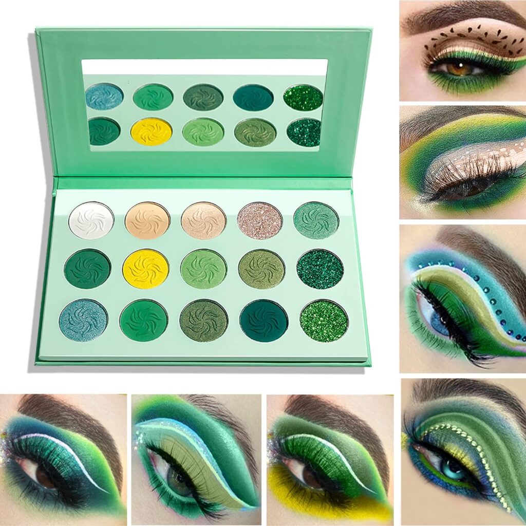 15 Color Green Eyeshadow Palette Green Glitter Eyeshadow Highly Pigmented, Forest Green Makeup Palettes,Grass Green Makeup Eye Shadow Matte Shimmer