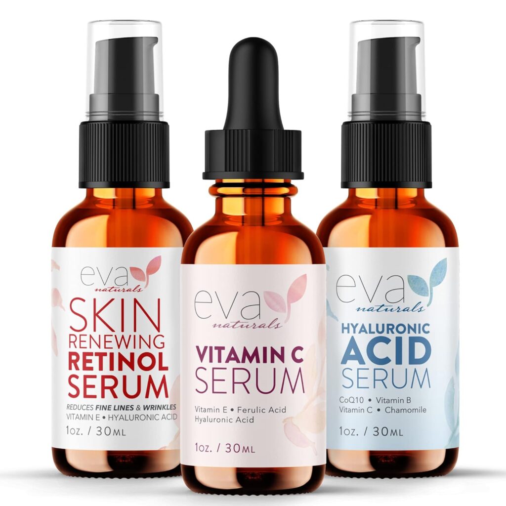 Eva Naturals Anti-Aging Serum Bundle - Vitamin C, Hyaluronic Acid, and Retinol | Face Serum Set for Skin Brightening, Hydration