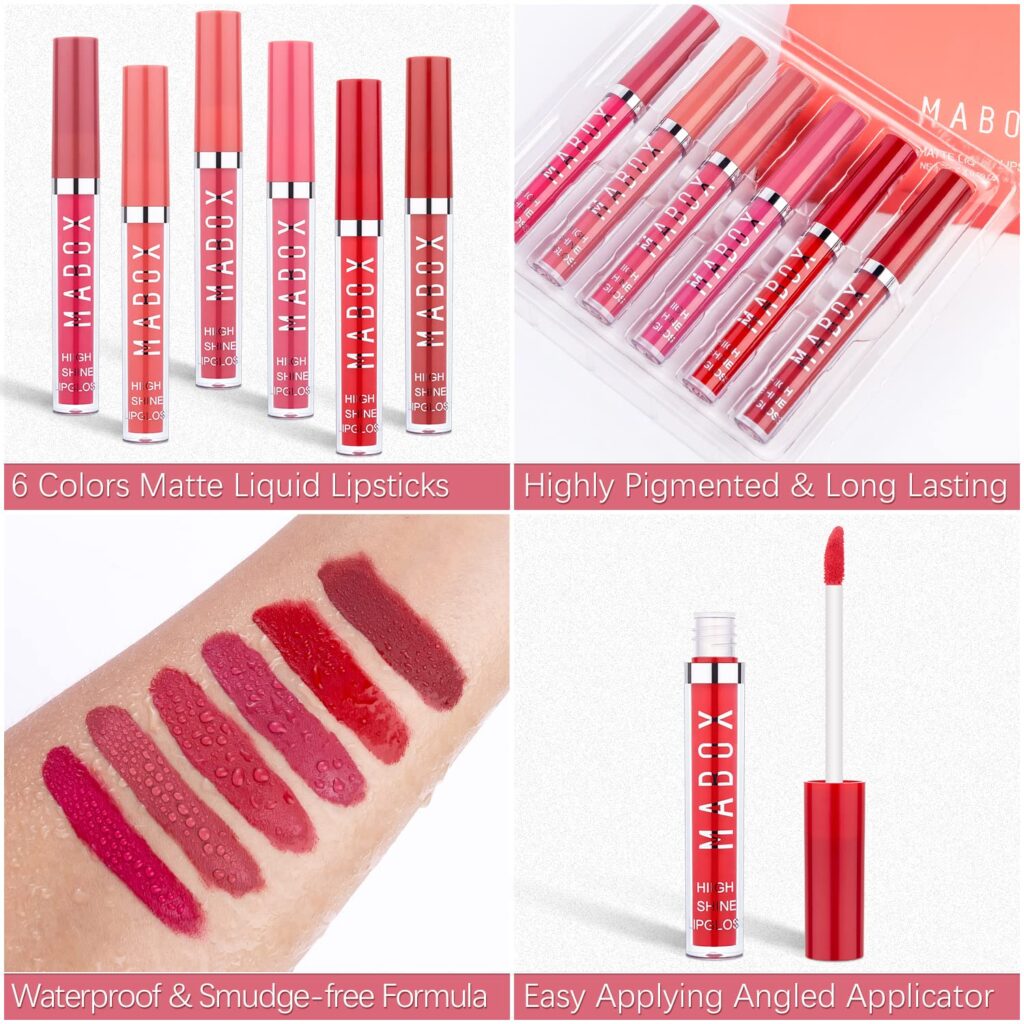 Mabox Matte Liquid Lipstick 6 Colors - Waterproof Liquid Lipsticks Makeup Set - Long Lasting Lip Gloss for Lip Makeup, Women and Girls