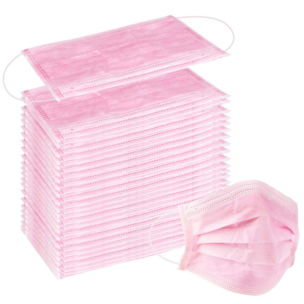 Wecolor 100 Pcs Disposable 3 Ply Earloop Face Masks, Suitable for Home, School, Office and Outdoors (Pink)