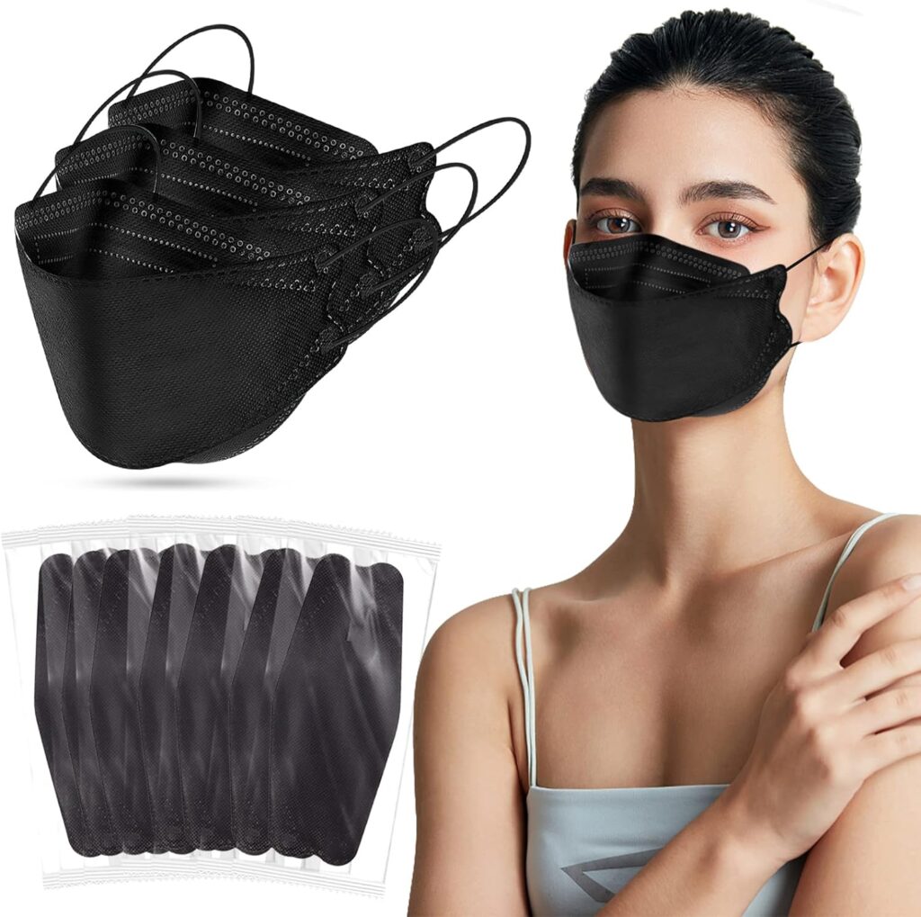 60PCS KF94 Disposable Face Mask, Disposable Individually Packaged Masks, Fish Mouth Type 4-Ply Breathable Mask with Adjustable Nose, Comfortable Breathable. Outdoor, Daily Use (Black)