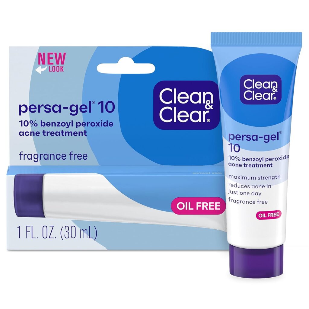 Clean  Clear Persa-Gel 10 Oil-Free Acne Spot Treatment with Maximum Strength 10% Benzoyl Peroxide, Topical Pimple Cream  Acne Gel Medication for Face Acne, Fragrance-Free, 1 fl. oz