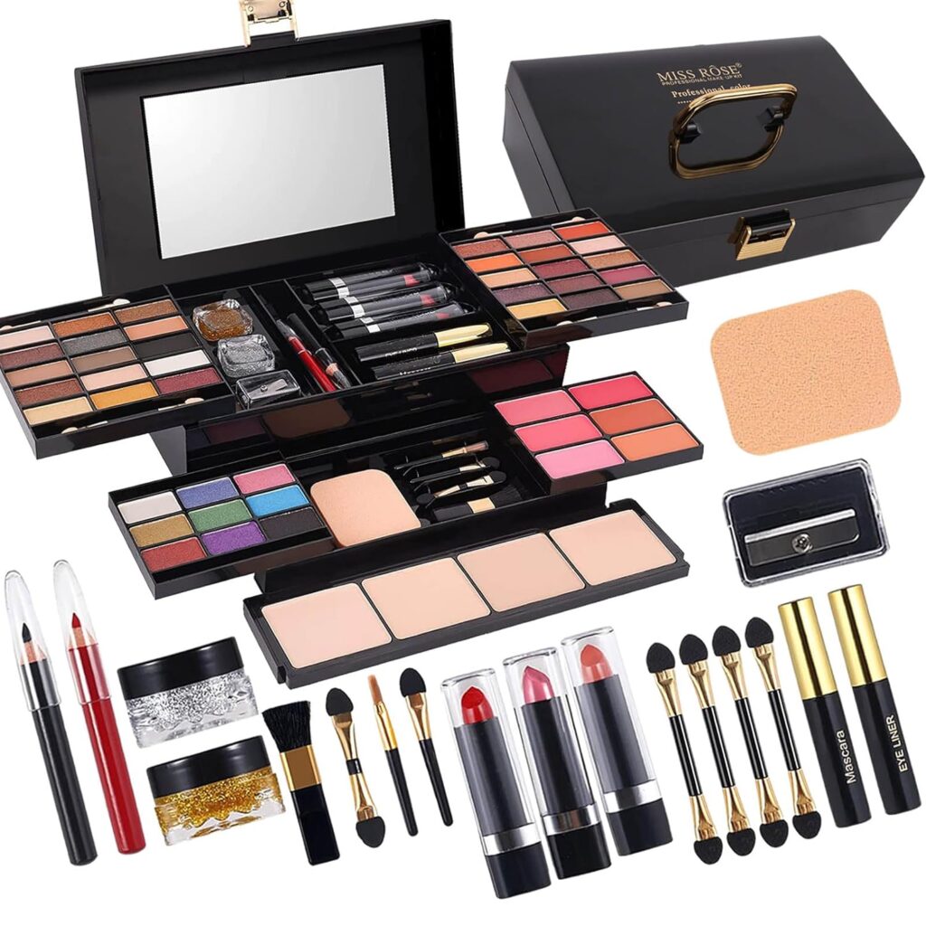 MISS ROSE 190 Colors Cosmetic Make up Piano Box Set,Combination with Eyeshadow /Facial Blusher /Eyebrow Powder /Eyeliner Pencil /Mirror,All-in-1 Makeup Gift Set (Color B)