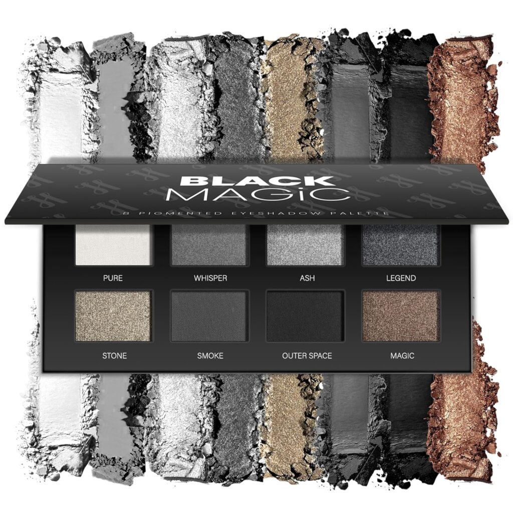 Black Smoky Eye Shadow Palette 8Color, Dark Grey Smokey Eyeshadow for Goth Makeup, Black Silver White Gray Shade for Halloween, Pigmented  Long Lasting (Black)