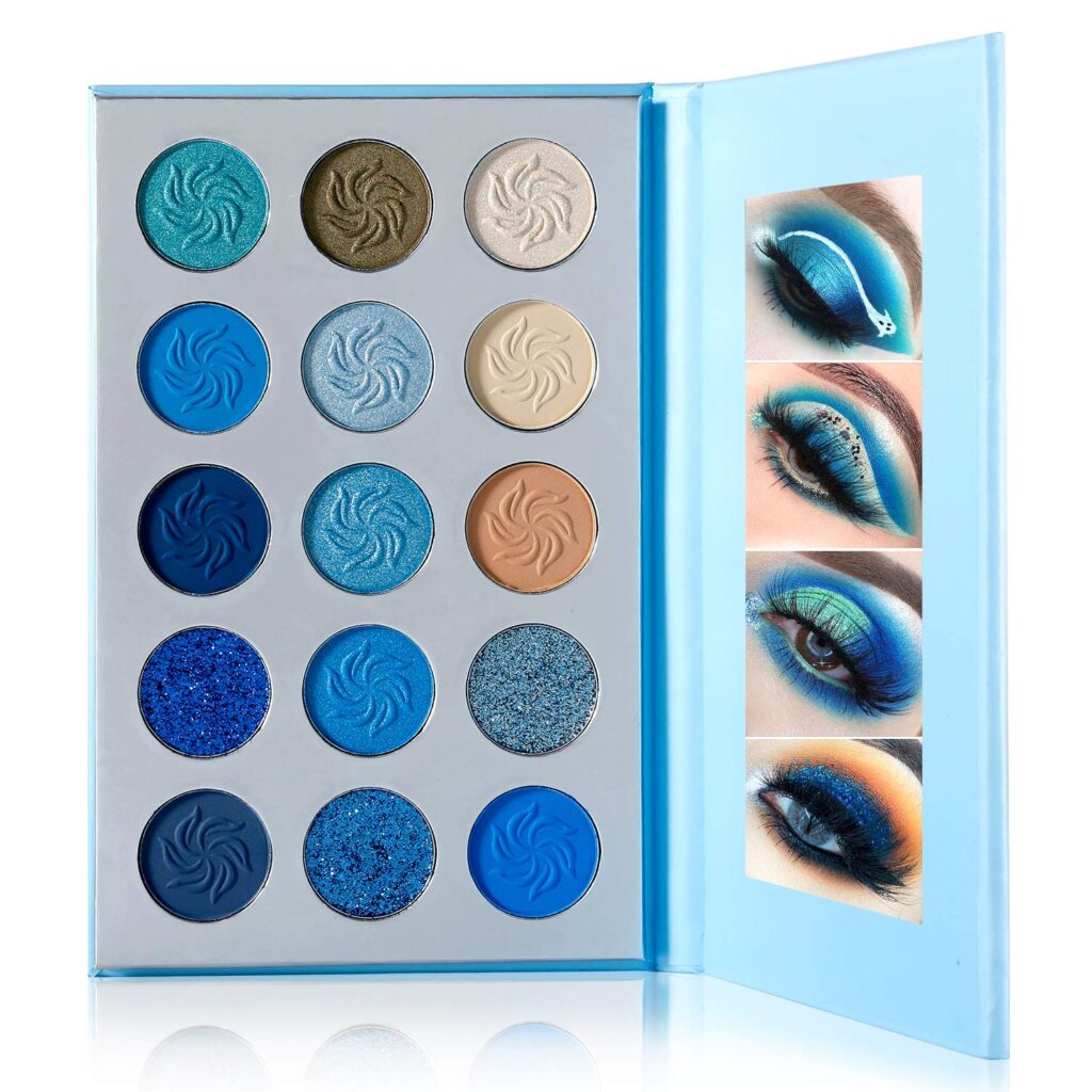 DELANCI Space Blue Eyeshadow Palette 15 Color Cosmetics Pressed Pigment Christmas Snowflake Eye Shadow Pallete Matte Shimmer Glitter Drama Makeup Eye Shadow Powder Long Lasting Blue Makeup Pallet