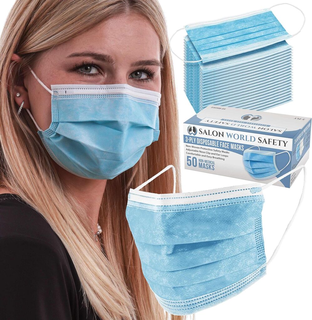 TCP Global Salon World Safety - Sealed Dispenser Box of 50 Face Masks Breathable Disposable 3-Ply Protective PPE with Nose Clip and Ear Loops